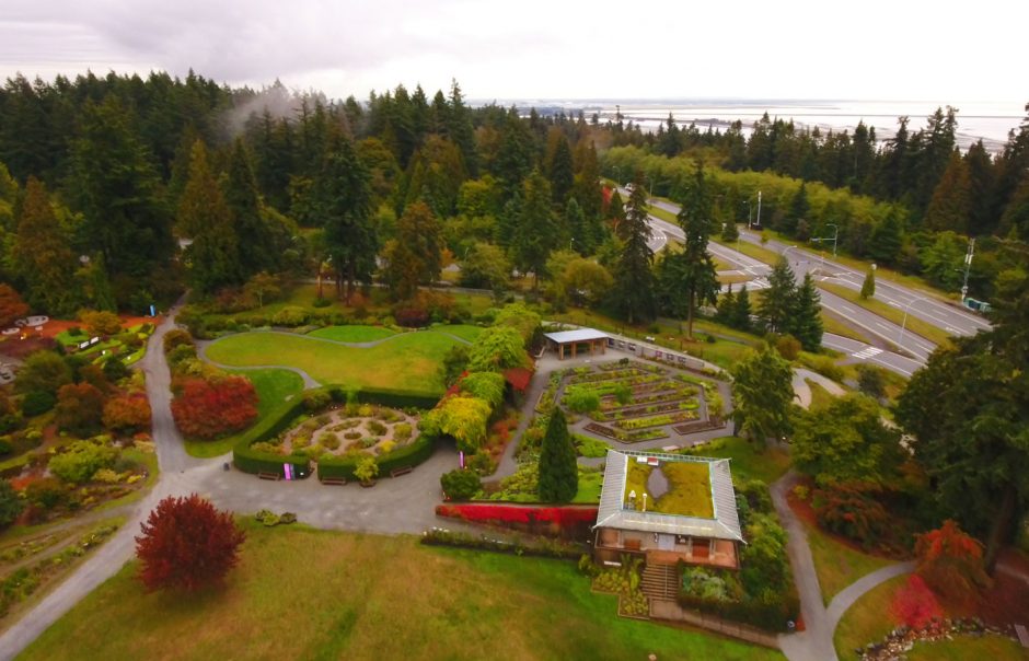 Aerial photo of UBC Botanical Garden’s Taylor Plaza and demonstration Food Garden